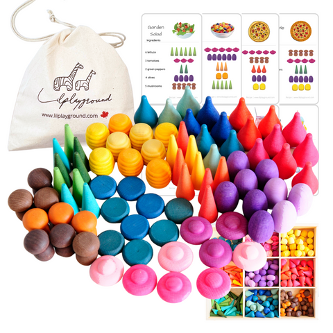 Lil'Playground Colourful Wooden Loose Parts with 10 Recipe Activity Cards